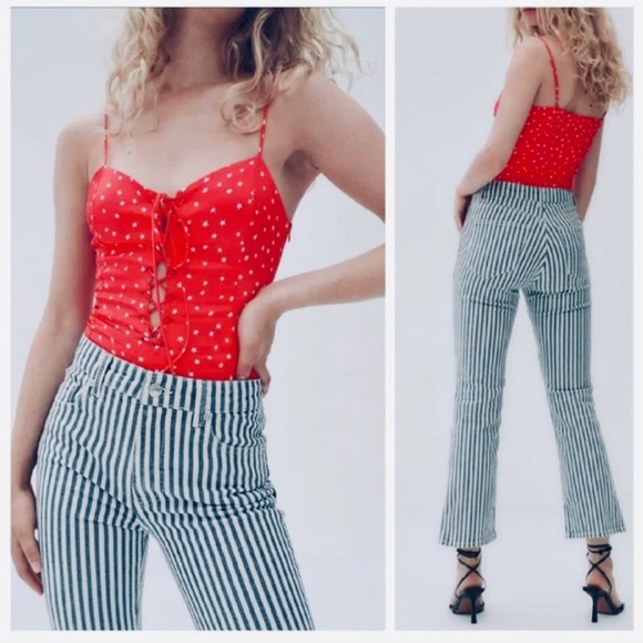 ZARA red bodysuit w/ stars + rhinestone covered cord Small NWOT - Picture 1 of 7